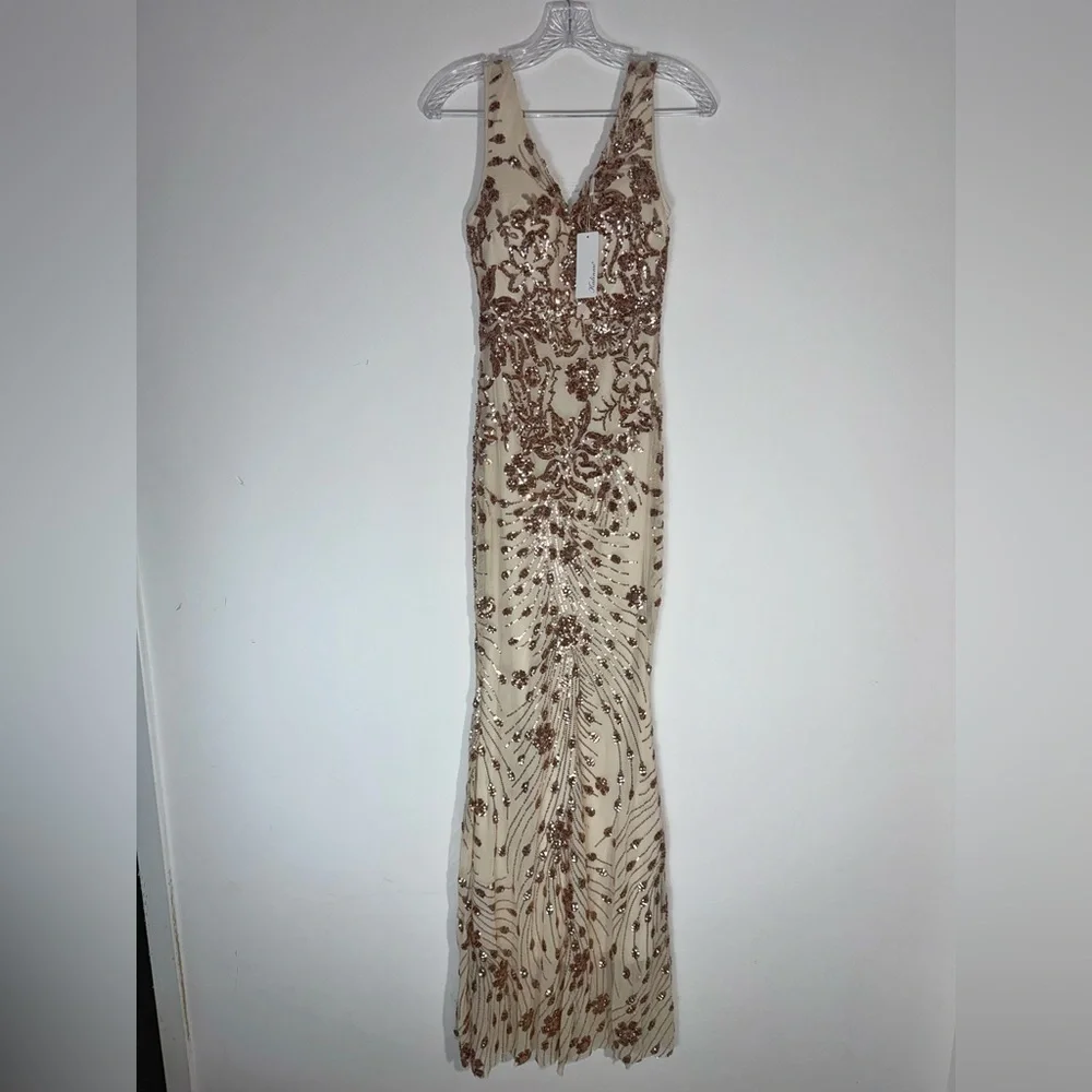 Kalinnu Champagne Sequins Mermaid Evening Gown dress Size Medium New with tags - Picture 3 of 14